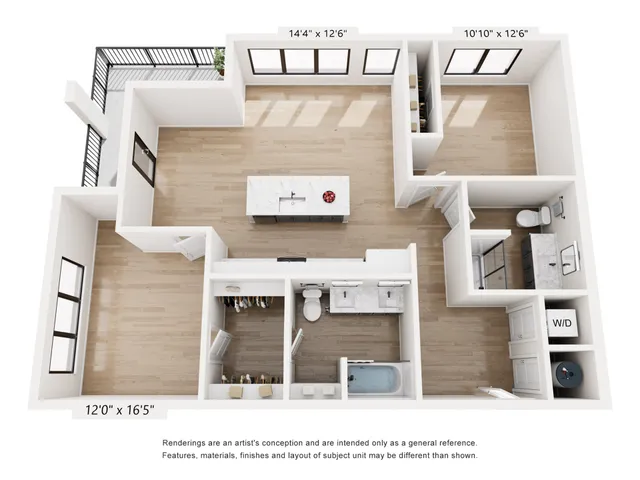 Chic floor plan featuring a spacious open kitchen with island, two cozy bedrooms, sleek bathroom, and generous balcony space.