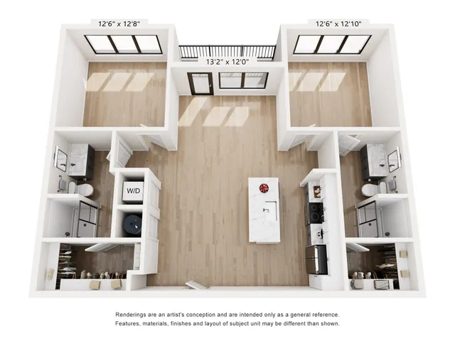 Modern 3D floor plan featuring two spacious bedrooms, a stylish open-concept living area, and a sleek kitchen with island. Includes two bathrooms and convenient laundry space.