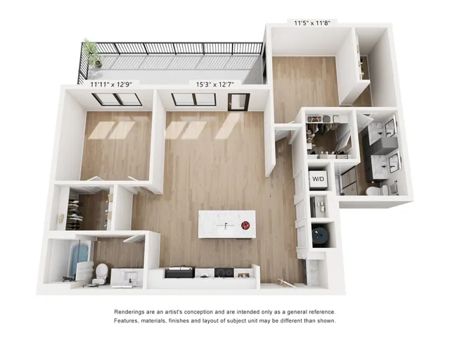 Modern 3D floor plan showcasing two spacious bedrooms, luxurious bathrooms, and an open-concept kitchen and living area with balcony access.