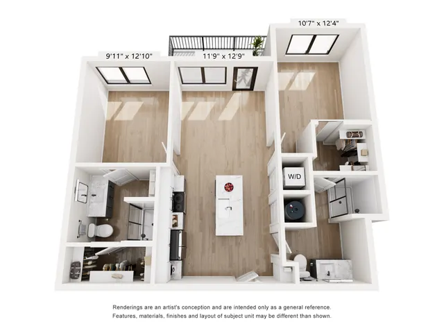 Contemporary 3D floor plan showcasing a chic 2-bedroom apartment with a kitchen island, open living space, and two bathrooms.