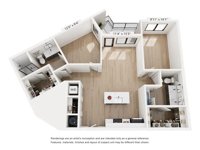 Modern 3D apartment floor plan featuring a spacious living area, two bedrooms, contemporary kitchen with island, two bathrooms, and private balcony.