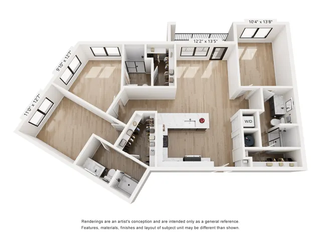 Modern 3D floor plan showcasing 3 spacious bedrooms, an open kitchen, and a stylish living area with wide windows and wood flooring.