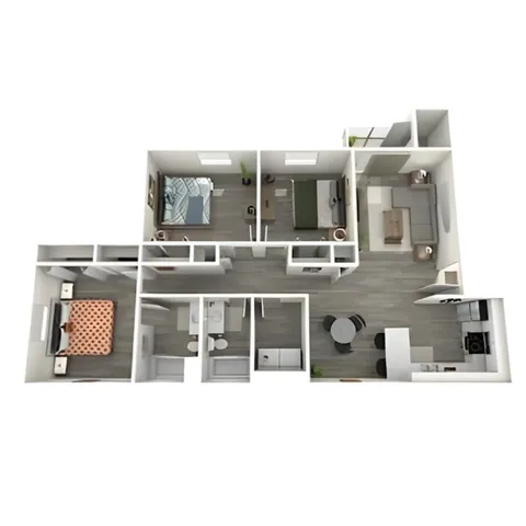 Modern 3D floor plan showcasing three bedrooms, open living area, stylish kitchen, and two bathrooms in a spacious layout.