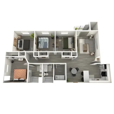 Modern 3D floor plan featuring four bedrooms, an elegant open living space, contemporary kitchen, and two bathrooms.