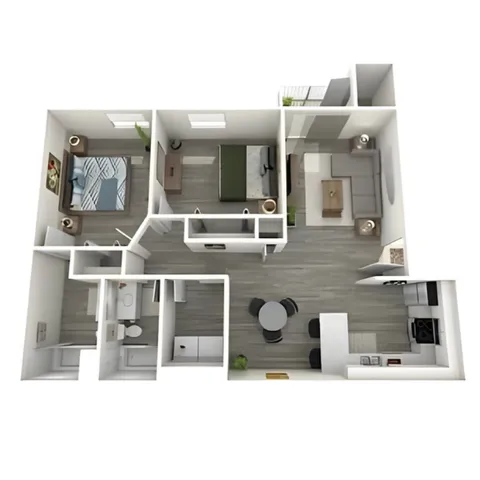 Modern 3D floor plan showcasing a spacious 2-bedroom apartment with an open-concept living and dining area, sleek kitchen, and two bathrooms.