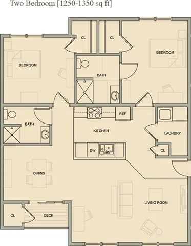 Elegant floor plan with two spacious bedrooms, modern kitchen, inviting living room, and private deck, covering 1250-1350 sq ft.