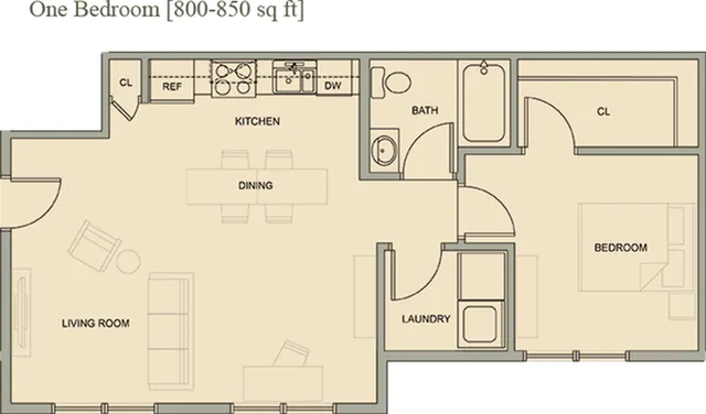 Modern one-bedroom floor plan showcasing an open kitchen with dining area, cozy living room, convenient laundry space, and a spacious bath in 800-850 sq ft.