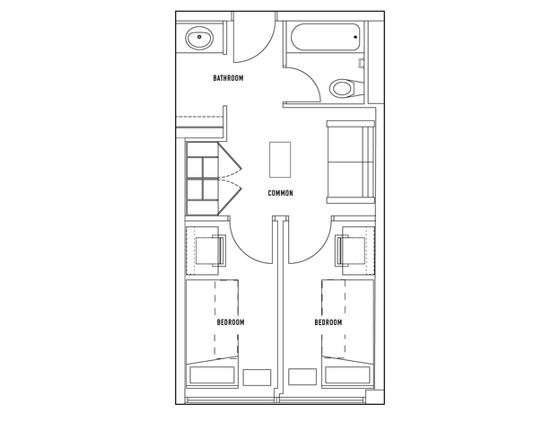 Efficient 2D floor plan showcasing two cozy bedrooms, a convenient bathroom, and a versatile common area.
