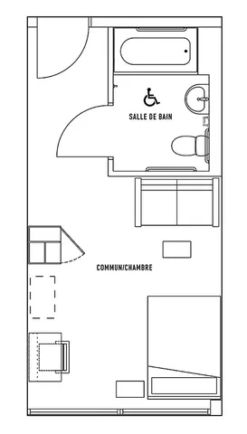 Modern studio floor plan showcasing a private bedroom and bathroom, fully furnished with a desk, full-sized bed, and cozy seating area. Includes utilities like internet and electricity, with meal plan available.