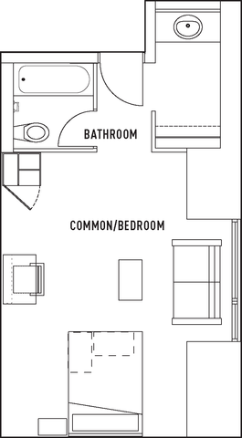 Compact floor plan featuring a versatile common room and sleek bathroom design.