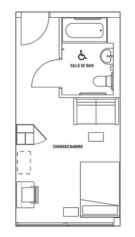 Modern studio floor plan showcasing private bedroom and bathroom, fully furnished with study desk, full-sized bed, and cozy living area. Includes utilities such as internet, electricity, and water.