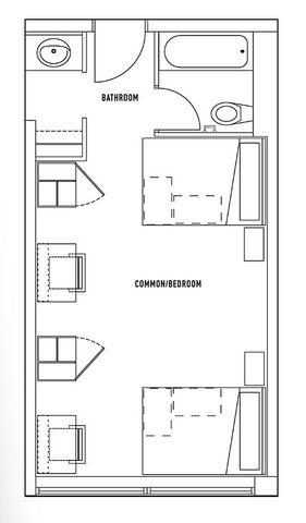 Modern one-bedroom shared unit floor plan featuring a fully furnished space with study desk, full-sized bed, and ample storage. Includes internet, electricity, and water utilities in a vibrant residential setting.