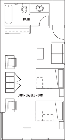 Chic floor plan illustrating a versatile common/bedroom space with adjacent bathroom, ideal for modern living.