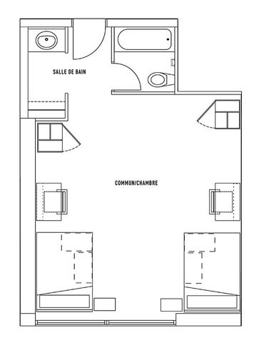 Modern 1-bedroom shared apartment floor plan with spacious living area and fully furnished features including study desk, full-sized bed, and ample storage, located at Campus 1 MTL.