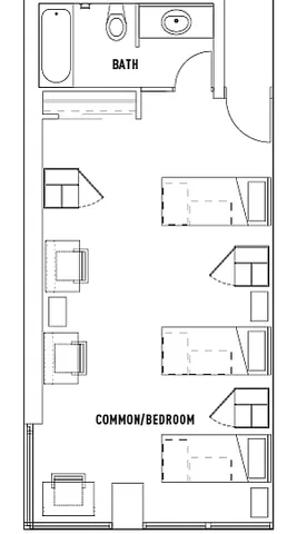 Versatile 2D floor plan highlighting a spacious common area convertible to a bedroom, complete with a modern bathroom layout.