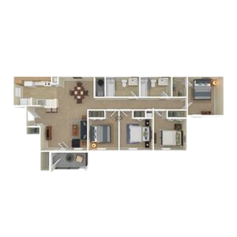 Modern apartment floor plan featuring 3 bedrooms, a contemporary open-concept living and dining area, and a spacious kitchen.