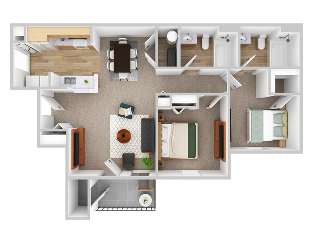 Contemporary floor plan showcasing two spacious bedrooms, an open living area, a modern kitchen, and dual bathrooms, perfect for comfortable living.
