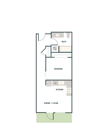 Modern floor plan featuring a cozy bedroom, sleek kitchen with dishwasher, and open dining/living area, ideal for stylish living.