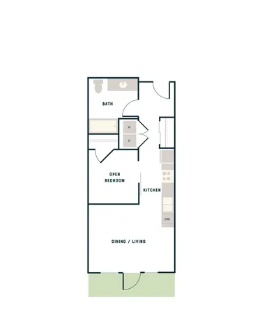 Modern floor plan showcasing an open bedroom, spacious dining and living area, and a sleek kitchen with washer and dryer.