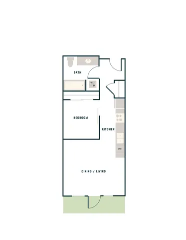 Chic floor plan showcasing 1-bedroom apartment with an open dining/living area, modern kitchen, and convenient bathroom layout.