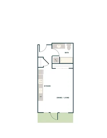 Sleek floor plan with an open-concept dining and living area, modern kitchen, and a full bath.