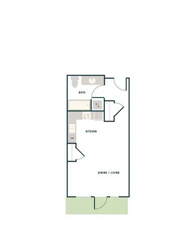 Contemporary 1-bedroom apartment floor plan featuring an open dining and living area, efficient kitchen layout, and a modern bathroom.