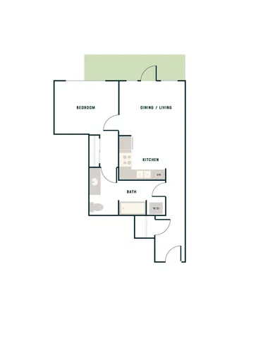 Modern 1-bedroom floor plan featuring an open dining and living area, compact kitchen, and spacious bath.