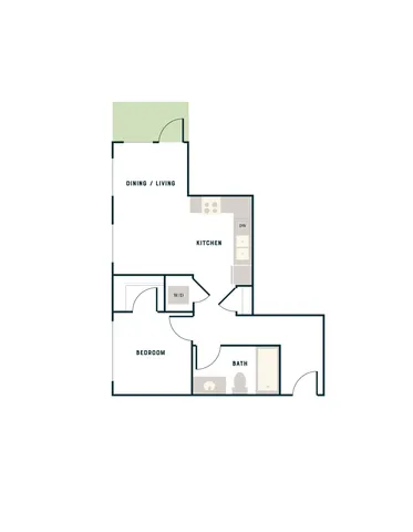 Modern floor plan featuring a bedroom, open dining and living area, well-equipped kitchen, and spacious bath.