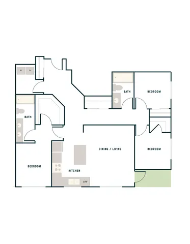 Modern floor plan featuring 3 bedrooms, 2 bathrooms, and a spacious open-plan kitchen and living area with in-unit laundry.