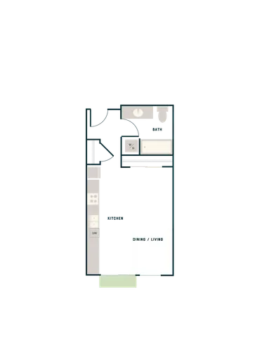 Modern studio floor plan showcasing an open-concept dining and living area, efficient kitchen, and conveniently located bathroom.