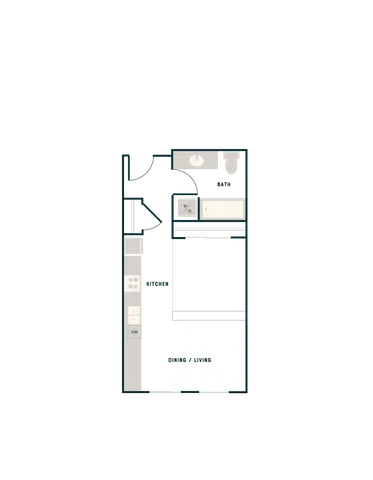 Modern studio apartment floor plan with open kitchen, spacious dining and living area, and convenient bathroom layout.