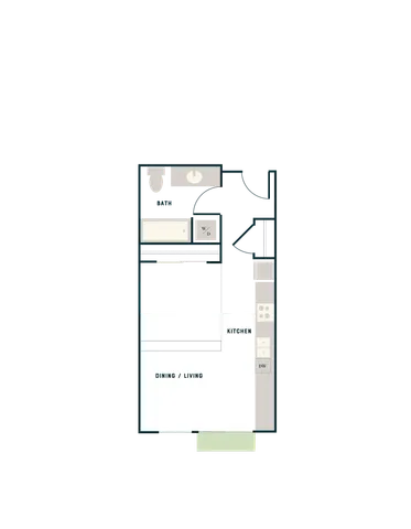 Sleek 2D floor plan showcasing open-concept dining and living area, modern kitchen, and stylish bathroom.