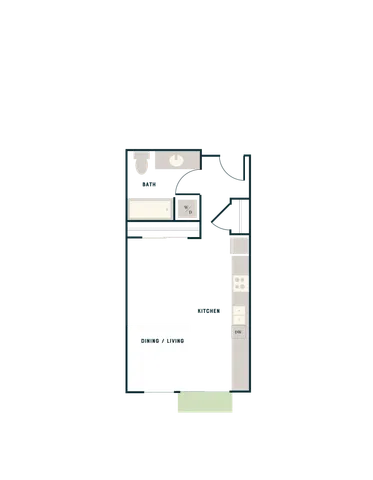 Cozy floor plan featuring an open dining and living area, compact kitchen, and bathroom with washer/dryer unit.