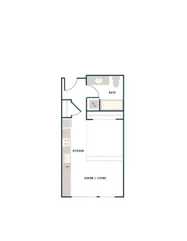 Modern studio floor plan featuring an open kitchen, dining and living area, spacious bath, and convenient laundry zone.