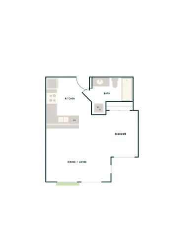 Sleek 1-bedroom apartment floor plan with modern kitchen, stylish dining and living area, and elegant bath.