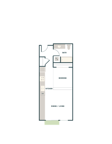 Modern floor plan showcasing a stylish studio layout with open dining and living area, compact kitchen, and sleek bathroom.