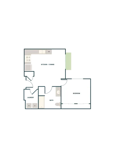 Modern floor plan featuring a cozy one-bedroom layout with an efficient kitchen/dining area, stylish bathroom, and convenient laundry space.