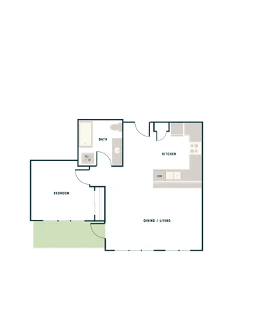 Modern 1-bedroom floor plan with integrated kitchen and spacious dining/living area.