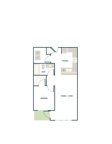 Modern 1-bedroom apartment floor plan featuring an open-plan kitchen and living area, with convenient walk-in closet and spacious bathroom.