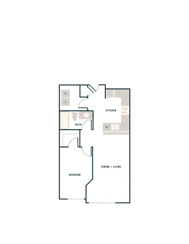 Modern floor plan featuring a spacious bedroom, open kitchen with dining area, and convenient bathroom layout.
