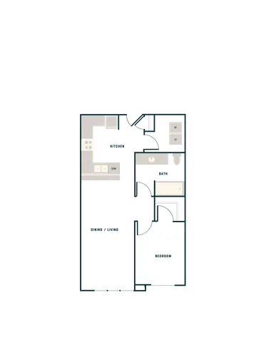 Modern 2D floor plan with a cozy bedroom, stylish kitchen, and integrated dining and living area.
