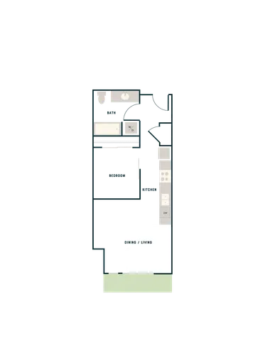 Inviting 1-bedroom apartment floor plan with modern kitchen, spacious living/dining area, and well-appointed bath.