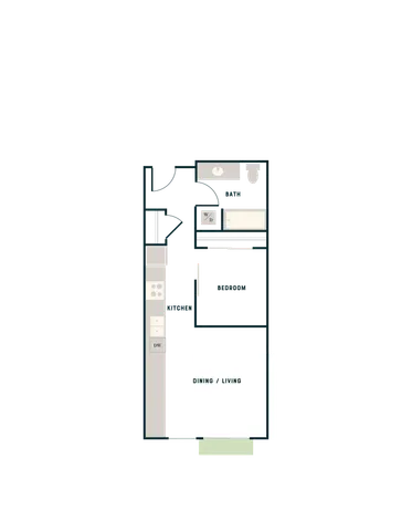Modern floor plan featuring 1 bedroom, sleek kitchen, and open dining/living area.