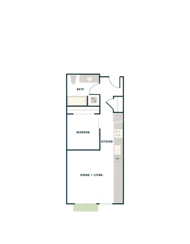 Chic floor plan showcasing a cozy 1-bedroom, functional kitchen, and combined dining/living area, ideal for modern living.