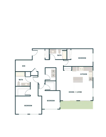 Modern floor plan featuring 2 spacious bedrooms, a versatile den, 2 bathrooms, and an open-concept dining and living area with a sleek kitchen.
