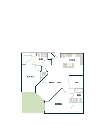 Modern floor plan showcasing 2 spacious bedrooms, a cozy den, open dining and living area, and a sleek kitchen with dishwasher, perfect for comfortable living.