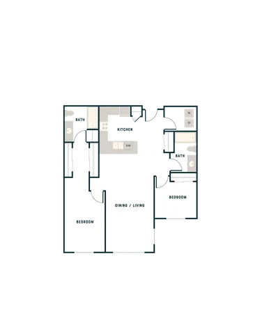 Modern apartment floor plan with 2 bedrooms, cozy kitchen, open dining and living area, and 2 bathrooms.