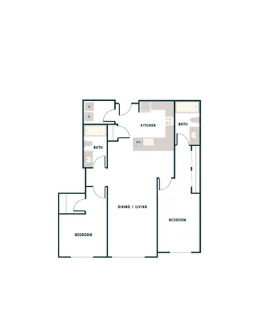 Modern 2D floor plan showcasing 2 bedrooms, a functional kitchen, and an open dining/living area, ideal for cozy living.