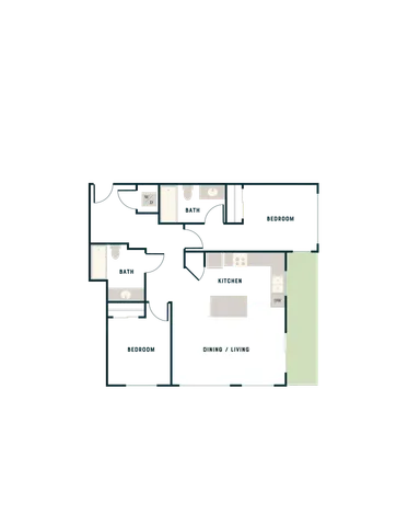 Modern 2D floor plan featuring 2 bedrooms, 2 baths, a sleek kitchen, and an open dining and living area.