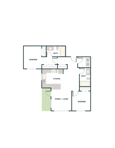 Contemporary 2D floor plan with 2 bedrooms, a modern kitchen, and open dining/living area.